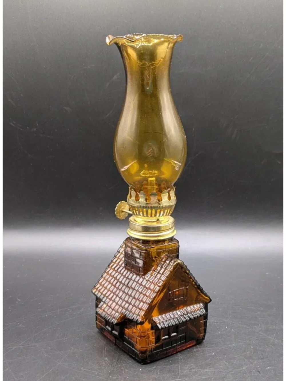 Vintage Cabin Shaped Amber Glass Mini Oil Lamp Lantern Made in Hong Kong 8.5